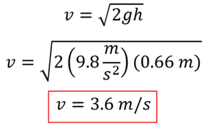 We take the efflux equation v = square root of 2 g h, plug in 9.8 for g and 0.66 meters for h and solve.  v = 3.6 meters per second.