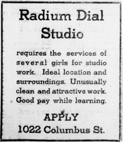 Advertisement by the Radium Dial Company for girls to work in their radium dial painting factory.