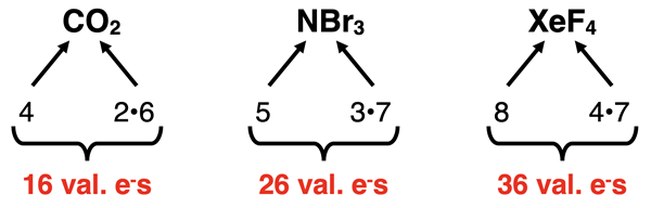 Three examples of how to count valence electrons in a molecule.