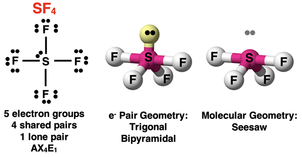 VSEPR analysis of SF4, showing Lewis diagram, AXE notation, electron pair geometry, and molecular shape.