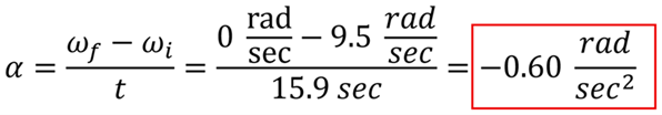 The equation to find the acceleration for the potters wheel.  angular acceleration (alpha) equals velocity final (omega sub f) minus velocity initial (omega sub i) over time (t).  0 rad per sec minus 9.5 rad per sec over 15.9 seconds = -0.60 rad per second squared