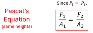 Pascal's Equation for same heights, F1 over A1 = F2 over A2