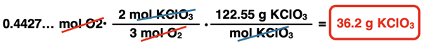 Shows the conversion factor solution - arrangement of factors with numbers, units, unit cancellation, and answer - for converting from grams of a solid reactant (KClO3) to moles of a gaseous reactant (O2), specific to KClO3 decomposition reaction.