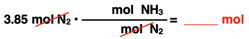 Factor Label Method Shows the conversion factor set up with unit cancellation for converting from moles of a reactant to moles of a product, specific to ammonia synthesis reaction.
