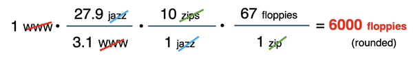 Factor label solution for a two-step conversion between two nonsense units for which equivalence statements are given.