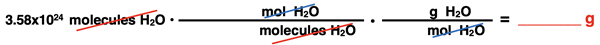 Example problem converting molecules to grams with two conversion factors (units, no numbers).