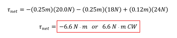 The solution.  Tau net (torque) = -0.25 m times 20 newtons minus 0.25 m times 18 newtons plus 0.12 m times 24 newtons is -6.6 newton meters, or 6.6 newton meters Clockwise