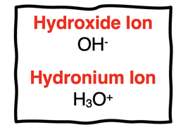 Formulae and names of hydronium and hydroxide ions.