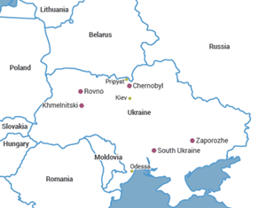 Map of Ukraine in 1996, showing the location of Chernobyl.