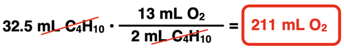 Shows the conversion factor solution - arrangement of factors with numbers, units, unit cancellation, and answer - for the one-step conversion from liters of product to liters of reactant.