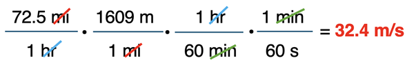Example of a three-step conversion factor solution involving a compound unit, converting from mi/hr to m/s.