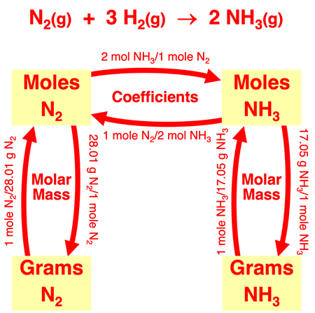 Flow diagram illustrating conversion factors linking grams of a reactant to grams of a product in stoichiometry; specific to ammonia synthesis reaction.