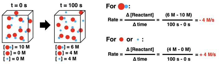 Use of rate equation and two particle diagrams, separated in time by 100 ms, to calculate the rate of reaction.