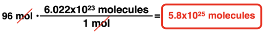 Example conversion of molecules to moles.