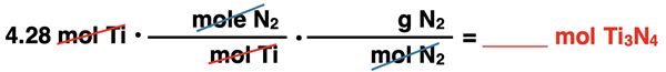 Shows the conversion factor set up with unit cancellation for converting from moles of a reactant and mass of a second reactant, specific to Ti3N4 synthesis reaction.