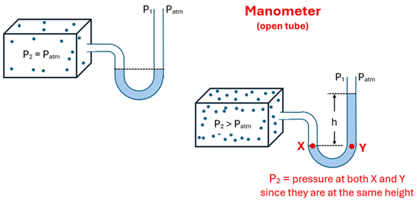 An illustration of an open tube manometer both at atmospheric pressure and not.  The manometer looks like a box with a fluid to measure (with the equation P2 = P atmosphere), connected to the right by a tube that dips down into a U and then up, and is open to the atmosphere at the top.  The water level of that tube is level (same on left and right side of the U bend).  The second version (higher pressure) manotube show more molecules in the box and P2 is greater than P atmosphere.  This pushes on the water, and now the left side of the water is lower than the right side of the water (a height of h), with the top marked as P1.  An X and Y line are marked also at the same height as the left side of the tube, indicating that the pressure on the left is the same at the same height as the right, so the height between the left side and right side is the proper height to use in calculating.