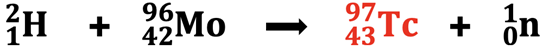 A completed nuclear equation for a bombardment reaction; part of a problem in which a student must identify the missing product nucleus.