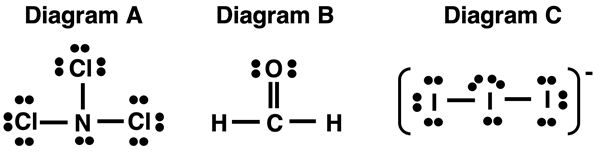 Lewis electron dot diagrams for I3- ion, NCl3, and H2CO.