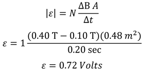 Faraday's equation for this problem.  1 loop (N), 0.4 Tesla minus 0.1 tesla = 0.3 Tesla change, multiplied by the area of 0.48 over 0.2 seconds comes to 0.72 volts.