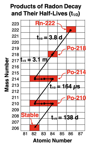 Decay series from radon-222 to lead-206 with half-lives and daughter nuclei labeled.