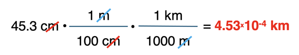 Example of a two-step conversion factor solution, converting cm to km.
