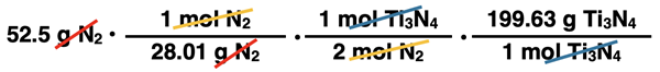 Shows the incorrect conversion factor solution for converting from grams of a reactant to grams of a product, specific to Ti3N4 synthesis reaction; part of our What’s Wrong with This? Question.