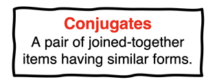Conjugate definition (general): A pair of joined-together items having similar forms.