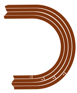 Picture of the right section of a school track, with 4 lanes.  Each lane that goes further out has a later starting point, with 4 being the farthest ahead in the starting point.