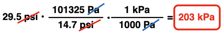 Factor label solution for a 2-step conversion from 29.5 psi to kPa (via Pa); unit cancellation, appropriate numbers, and answer are shown.