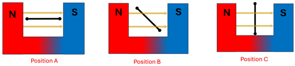 A diagram showing 3 positions of a wire loop in a horseshoe magnet (North on left, South on right) with magnetic field going from left to right.  A loop of wire is in between.  Position A has the loop parallel with the field.  Position B has it at a 45 degree angle (rotated counter clockwise), and position C has it perpendicular to the magnetic field.