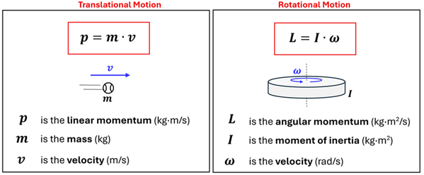 Two boxes show the momentum equation and values for translational and rotational motion.  For Translational motion, it shows the equation p (linear momentum) = m (mass) times v (velocity).  P is in kilograms times meters per second, mass is in kilograms, and velocity in meters per second. It shows a ball (with m mass) moving to the right with a blue v vector.  For Rotational motion, it shows L (angular momentum) = I (moment of inertia) times omega (angular velocity).  L is in kilograms times meters squared per second, I is in Kilograms times meters squared, and omega is in rads per second.  It shows a disc with I labeled rotating about its axis with a blue vector omega showing a rotation.