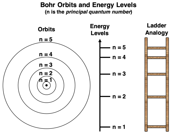 Bohr model of hydrogen atom with electron orbits and energy levels for n=1 to 5.