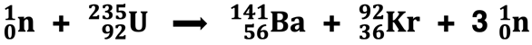 Nuclear equation for the bombardment-induced fission of uranium-235 into Ba-141 and Kr-92.