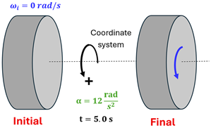 A diagram of the grinding wheel for Check Understanding 2.  The Initial picture shows a wheel with omega sub i (initial angular velocity) = 0 rad per second.  alpha (angular acceleration) = 12 rad per second, and t (time) = 5 seconds.  The final state is shown with a blue arrow showing the direction.