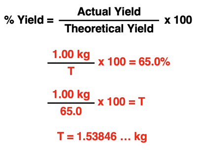 Example calculation showing how to use actual yield and percent yield to determine theoretical yield.