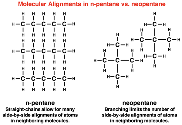 n-pentane lined up along two lines parallel to each other. Neopentane unable to align since it is shaped like a globular + sign. Captions: "n-pentane Straight-chains allow for many side-by-side alignments of atoms in neighboring molecules." and "neopentane Branching limits the number of side-by-side alignments of atoms in neighboring molecules."