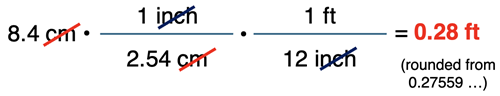 Factor label solution for a two-step conversion from cm to inches to feet.