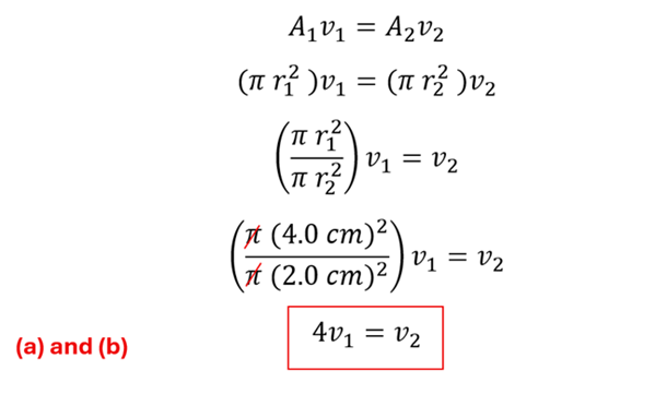 We start with the equation of continuity, A sub 1 times v sub 1 = A sub 2 times v sub 2.  We replace the A sub 1 with pi r sub 1 squared, and replace A sub 2 with pi r sub 2 squared, then divide both sides by pi r sub 2 squared to get V sub 2 alone.  Pi cancels out, and the 4 cm squared over 2 cm squared becomes 16 over 4 or 4, so 4 times v sub 1 = v sub 2 (the second velocity is 4 times the velocity of the first).