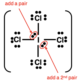 Lewis electron dot diagram for ICl4- ion showing the 12 valence electrons on the central atom.