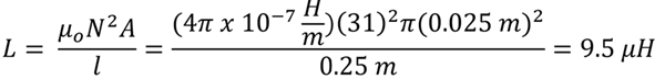 Equation for part 3A.  The permeability of air (4 pi times 10 to the negative 7 power) times wraps squared (31 squared) times area (pi times 0.025 meters squared) over length (0.25 meters) equals 9.5 micro henries.