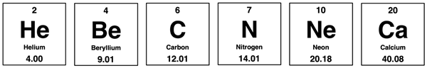 Periodic table cells displaying atomic mass of He, Be, C, N, Ne, and Ca.